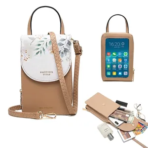 Women's Floral Print PU Leather Mobile Phone Bag Crossbody Handbag With Touch Screen Window Large Capacity Multi-functional Purse