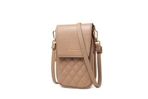 Detail of khaki PU leather crossbody phone bag with diamond quilting and gold logo
