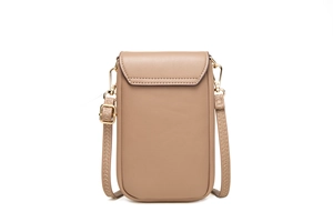 Close-up of khaki PU leather phone bag with magnetic flap and zigzag stitched strap