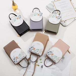 Floral print vertical PU leather touchscreen phone bag with crossbody strap in six colors