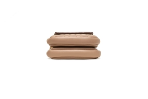 Detail view of khaki pebbled leather crossbody bag with dual-compartment structure