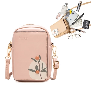 Women PU Leather Crossbody Mobile Phone Bag Leaf Print Multi Card Slots Zipper Buckle Mini Shoulder Pouch Fashion Trendy