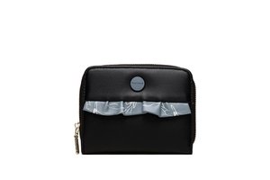 Detailed view of women's short leather wallet with ruffle lace and gold zipper closure