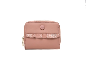 Detail of dusty rose leather wallet with lace trim and white floral line art patterns