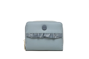 Detailed view of blue leather wallet featuring ruffle trim and gold zipper closure