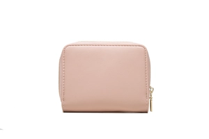Detail of dusty pink leather mini wallet showing the U-shaped gold zipper and fine stitching