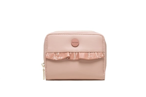 Detail of rose pink matte leather wallet with floral print and scalloped lace edge