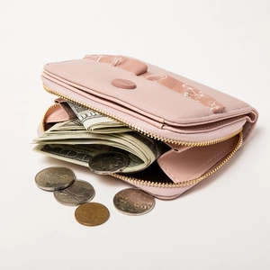 Women short pink leather wallet with zipper and snap button for coins and cash