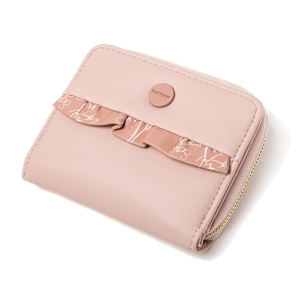 Close-up of pink women's short wallet featuring ruffled edge and golden brand buckle