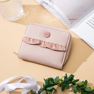 Women Short Wallet PU Leather Ruffle Floral Zip Coin Purse Small Bifold Card Holder Mini Student Purse Pocket Wallet Elegant Clutch