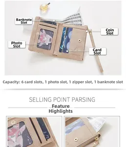 Detail of light brown wallet showing 6 card slots, a photo window, and a zipper pocket