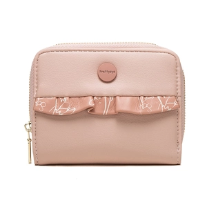 Pink minimalist faux leather short wallet with floral lace trim and gold zipper
