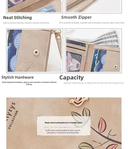 Detail view of floral cat print wallet showing durable stitching and metal hardware