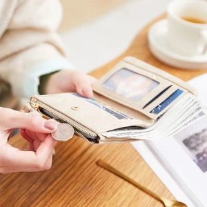 Short beige matte PU leather wallet for women with card slots and zipper pocket