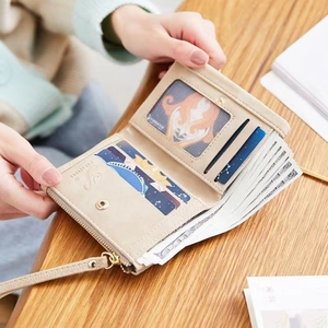 Short beige PU leather wallet for women with multi-card slots and wrist strap