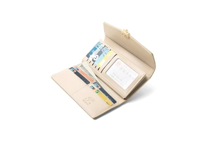 Detail view of beige long wallet featuring card slots, bill pocket and heart snap button
