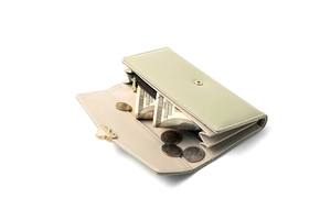 Detail view of a long green wallet with gold heart buckle and multiple card slots