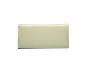 Detail of light green leather wallet showing fine stitching and metal snap button buckle
