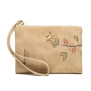 Khaki frosted PU leather wallet with bird embroidery and convenient wrist strap