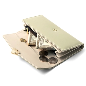 Long sage green minimalist wallet with gold petal buckle and multi-card slot interior
