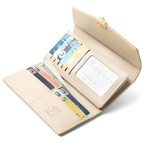 Minimalist beige long wallet with multiple card slots and heart buckle clasp