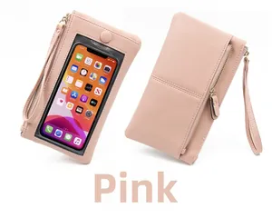 Rosa PU-Leder Umhängetasche mit Touchscreen-Fenster und praktischer Handgelenkschlaufe