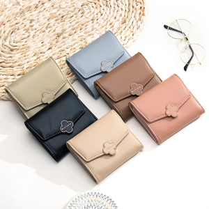 Women's tri-fold leather wallets with clover metal buckle in multiple stylish colors