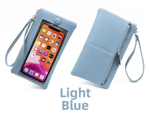 Detailansicht hellblaue PU-Leder Handytasche mit transparentem Touchscreen-Fenster