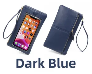 Detailansicht der tiefblauen PU-Leder Handytasche mit Touchscreen-Fenster und Reißverschluss