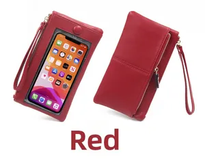 Handytasche aus rotem PU-Leder mit Touchscreen-Fenster, Handschlaufe und Reißverschluss