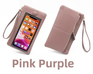 Rosa lila Handytasche mit Touchscreen-Fenster, Armband und doppeltem Reißverschlussfach