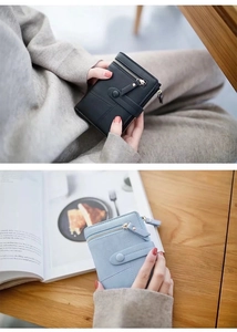 Short PU leather wallet with zipper pocket and metal snap button for women