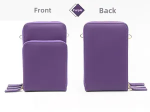 Front and back view of purple PU leather phone crossbody bag with gold metal hardware