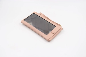 Portefeuille pour téléphone en cuir PU rose avec fenêtre tactile et dragonne