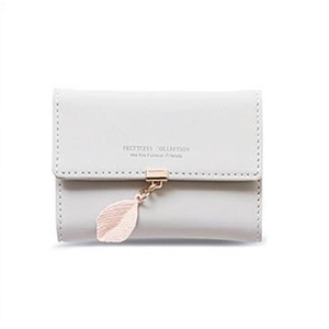 Women's minimalist grey PU leather small card wallet with leaf charm and metal clasp
