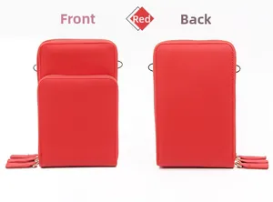 Front and back views of a red mini crossbody phone bag with triple zipper pockets