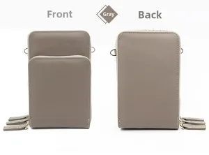 Front and back view of a grey pebble leather phone crossbody bag with three zippers