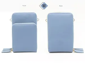 Front and back views of a light blue mini crossbody phone bag with three zippers