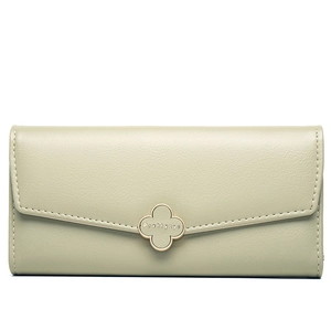 Elegant light green long wallet with clover metal clasp and textured leather finish