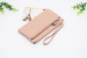 Portefeuille en cuir PU rose pâle avec poche zippée devant et dragonne amovible assortie