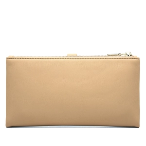Top view of large capacity long wallet with smooth gold zipper and pebble leather texture
