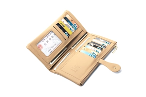 Interior detail of apricot PU leather long wallet showing multi-card slots and photo ID window