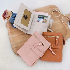 Women's multi-functional short PU leather wallets in pink, brown and beige colors