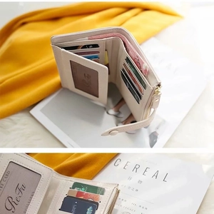 Three-fold beige PU leather women's wallet with multiple card slots and zipper pocket