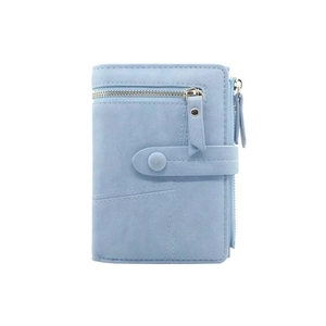 Light blue minimalist short wallet with multiple zipper pockets and snap button closure