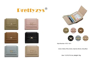 Short tri-fold women wallet with vertical texture, metal bow buckle and internal card slots