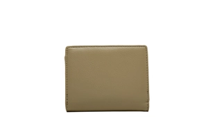 Close-up of minimalist khaki pebbled leather folding wallet with precision stitching