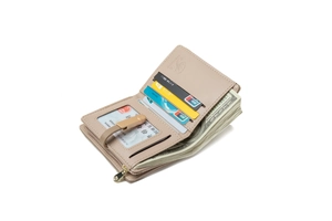 Interior layout of beige tri-fold PU wallet with card slots, ID window and cash compartment
