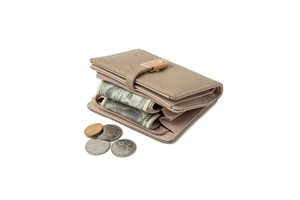 Detail of bifold PU leather women's wallet with V-shaped quilting and metal buckle