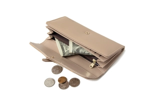 Detail view of khaki faux leather long wallet interior with card slots and heart zipper
